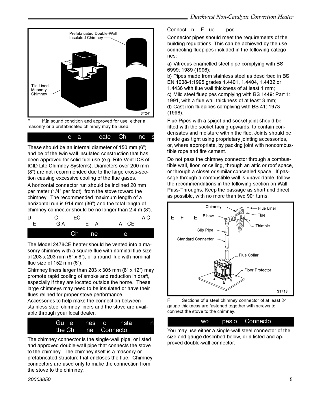 Vermont Casting 2478CE manual Prefabricated Chimneys, Chimney Size, Guidelines for Installing the Chimney Connector 