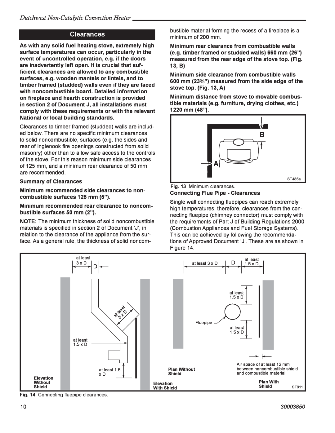 Vermont Casting 2478CE manual Clearances, Dutchwest Non-CatalyticConvection Heater, 30003850 