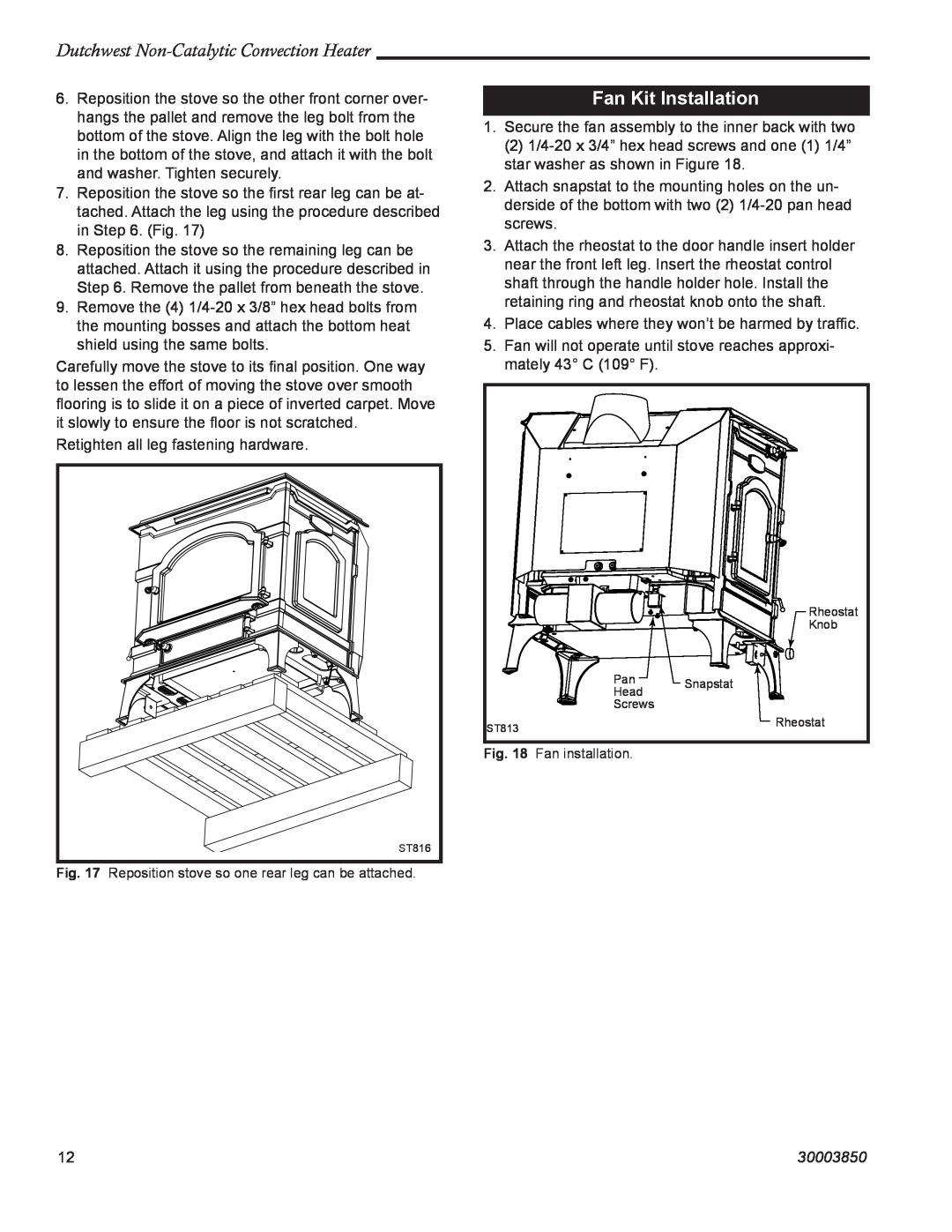 Vermont Casting 2478CE manual Fan Kit Installation, Dutchwest Non-CatalyticConvection Heater, 30003850 