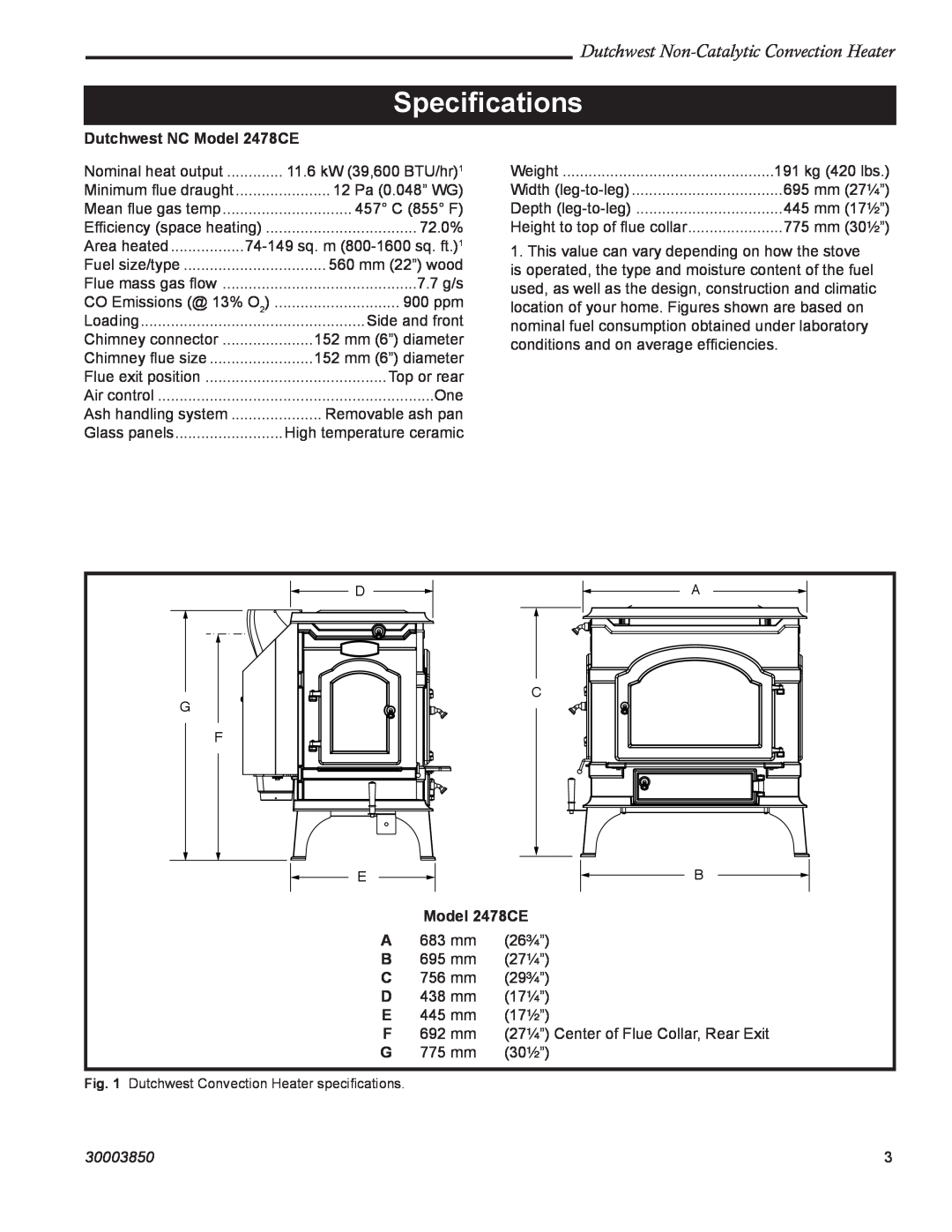 Vermont Casting manual Speciﬁcations, Dutchwest Non-CatalyticConvection Heater, Dutchwest NC Model 2478CE, 30003850 