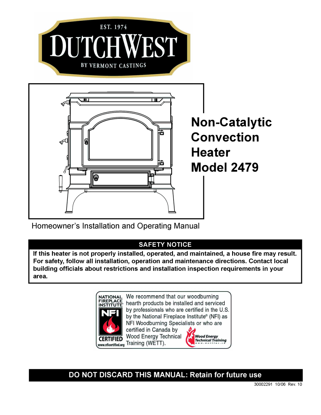 Vermont Casting 2479 manual Non-Catalytic Convection Heater Model 