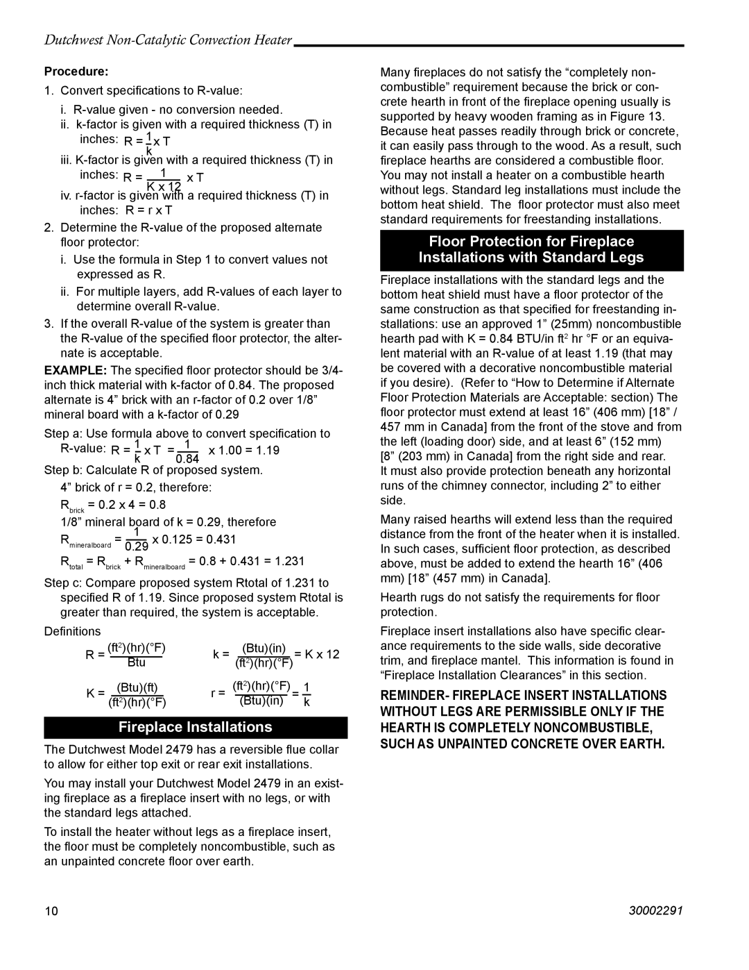 Vermont Casting 2479 manual Fireplace Installations, Procedure 