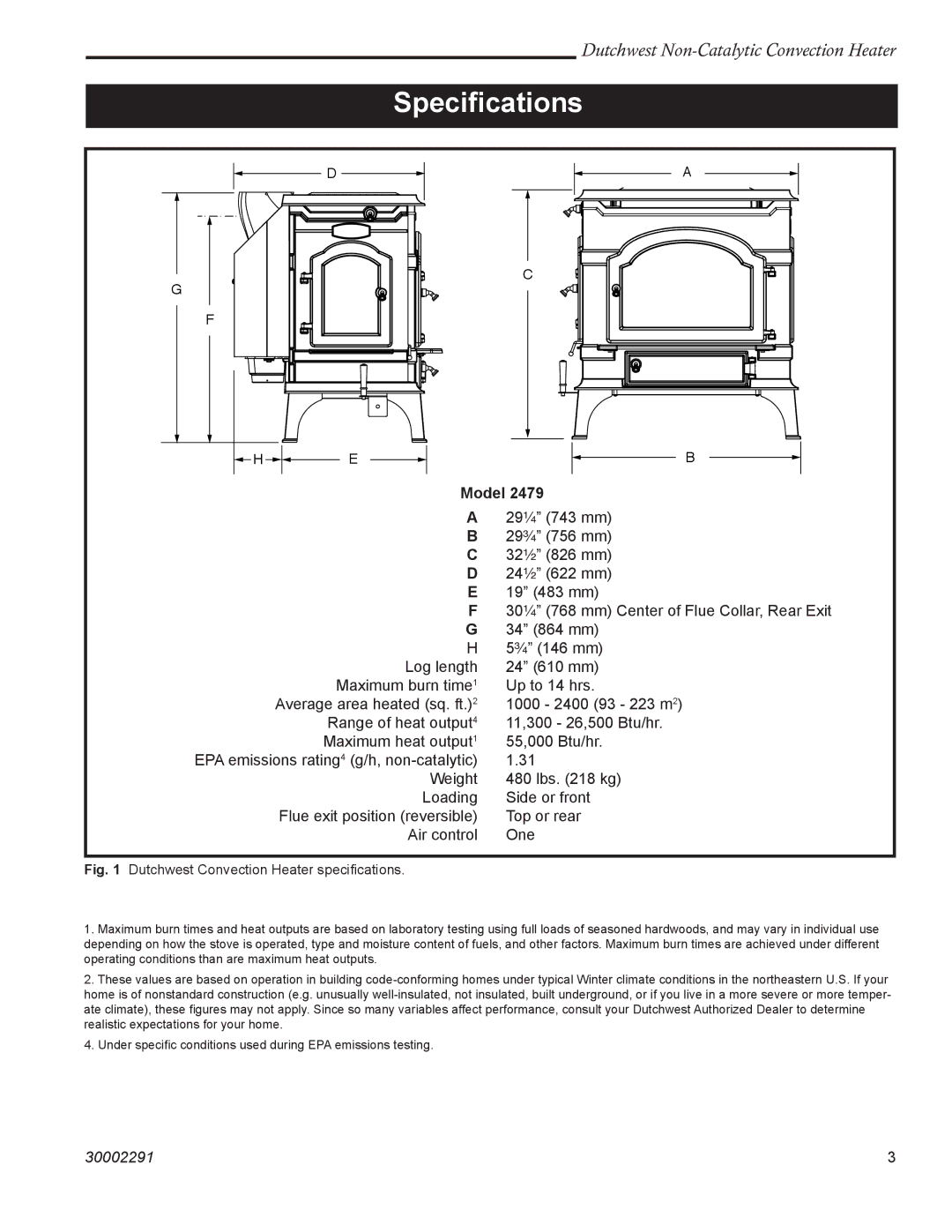 Vermont Casting 2479 manual Speciﬁcations, Model 