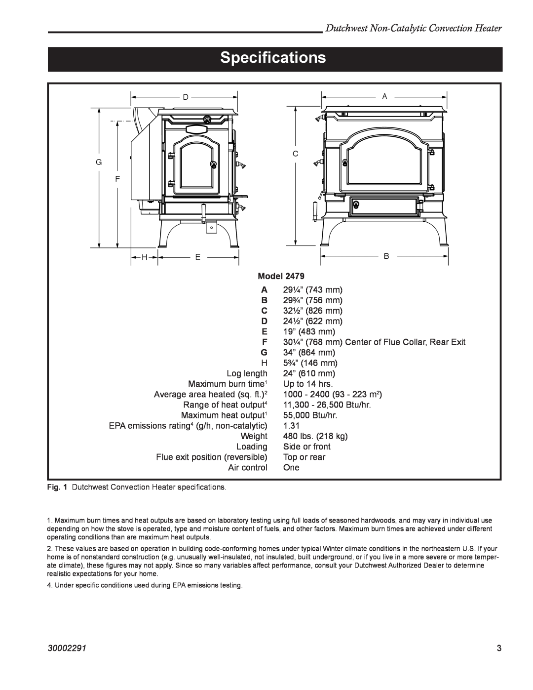 Vermont Casting 2479 manual Speciﬁcations, Dutchwest Non-CatalyticConvection Heater, Model, 30002291 