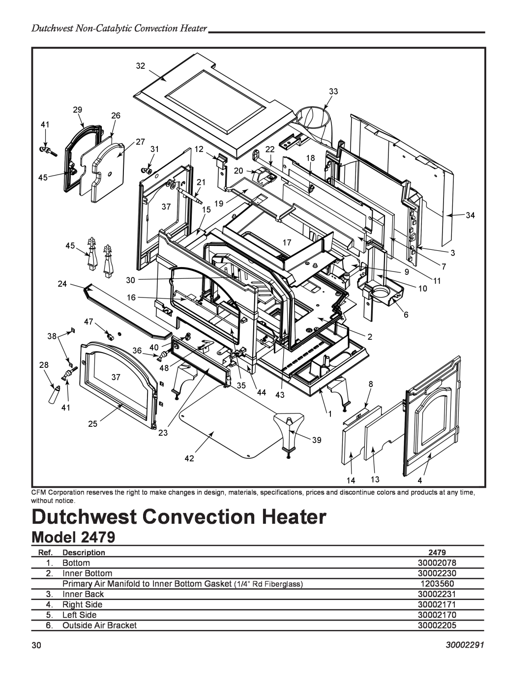 Vermont Casting 2479 manual Dutchwest Convection Heater, Model, Dutchwest Non-CatalyticConvection Heater, 30002291 