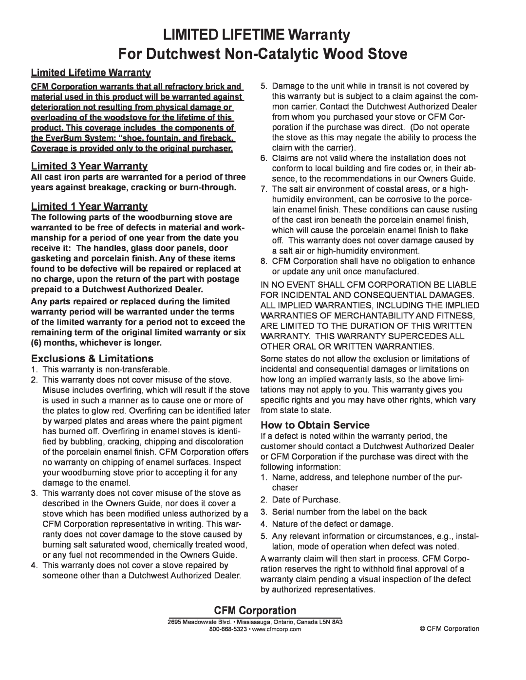 Vermont Casting 2479 manual LIMITED LIFETIME Warranty, For Dutchwest Non-CatalyticWood Stove, CFM Corporation 