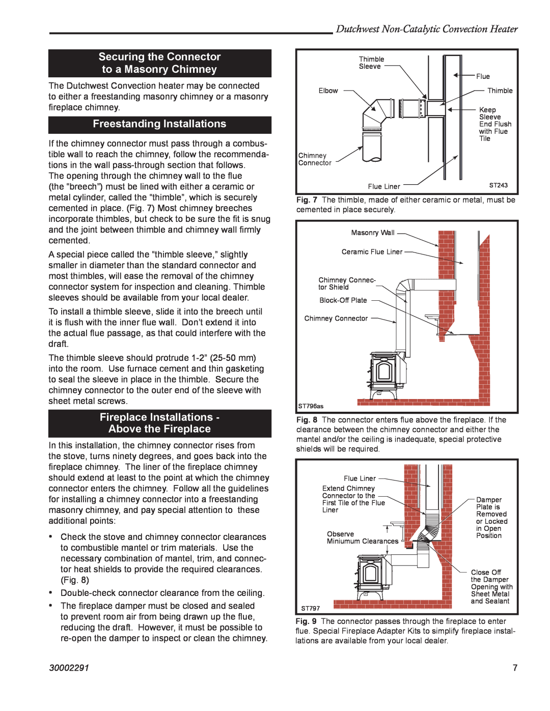 Vermont Casting 2479 manual Securing the Connector to a Masonry Chimney, Freestanding Installations, 30002291 