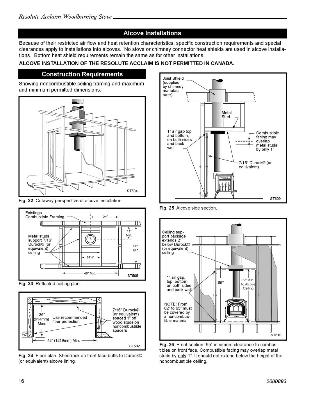 Vermont Casting 2490 installation instructions Alcove Installations, Construction Requirements 