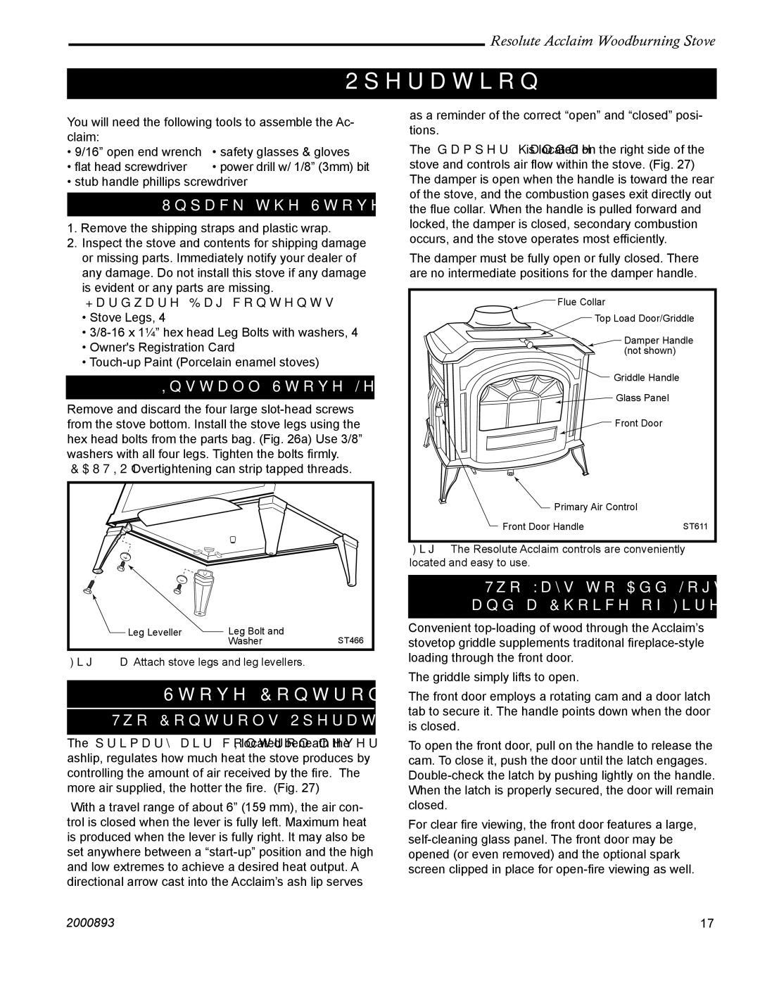 Vermont Casting 2490 Operation, Unpack the Stove, Install Stove Legs, Two Controls Operate the Stove 