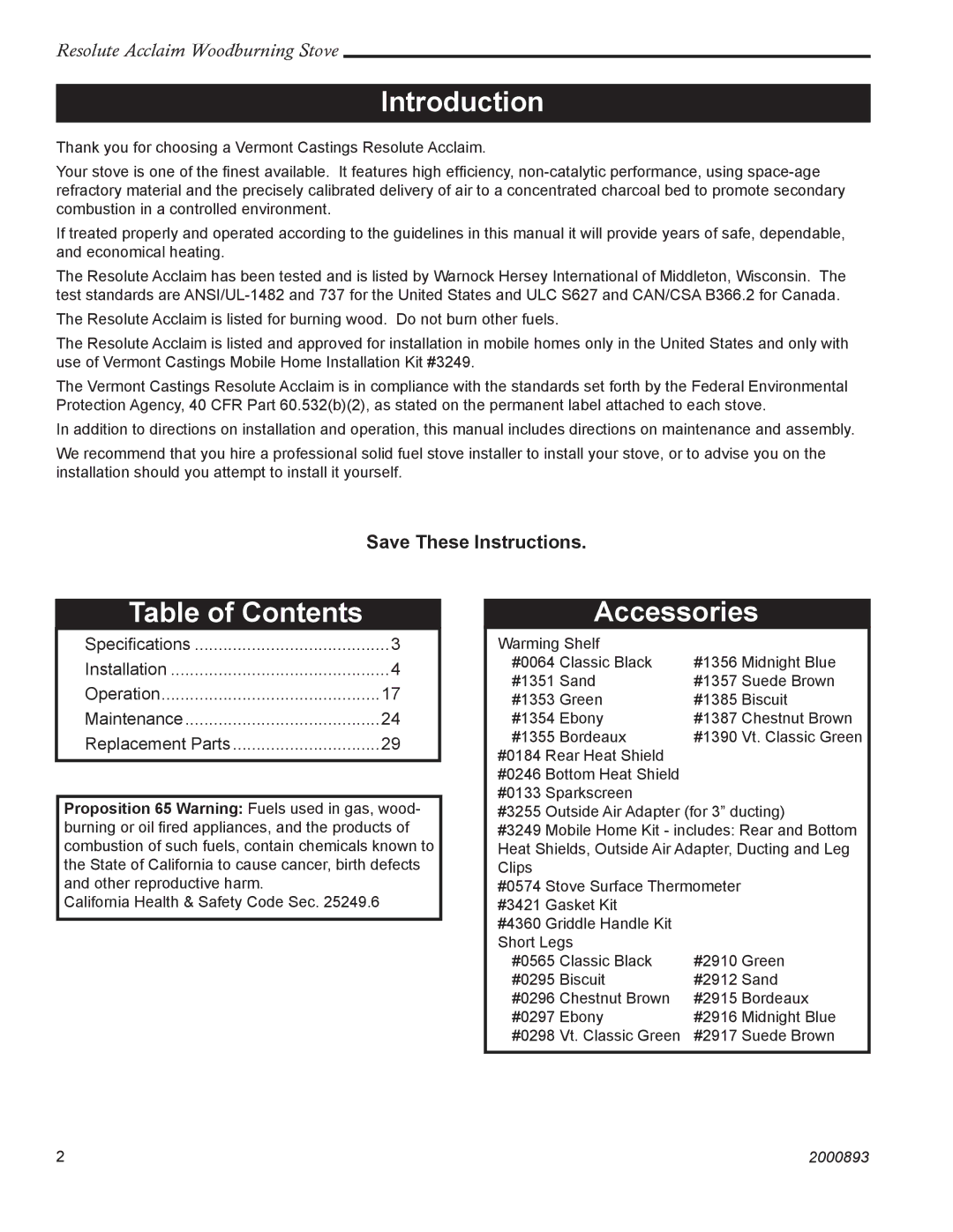 Vermont Casting 2490 installation instructions Introduction, Table of Contents, Accessories 