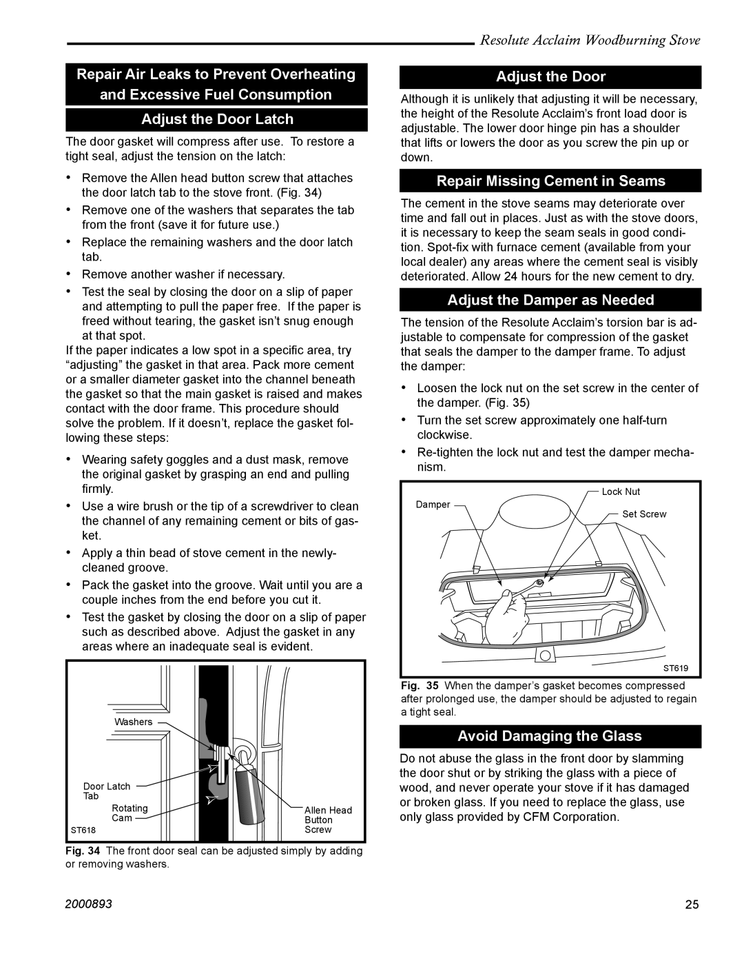 Vermont Casting 2490 installation instructions Adjust the Door, Repair Missing Cement in Seams, Adjust the Damper as Needed 