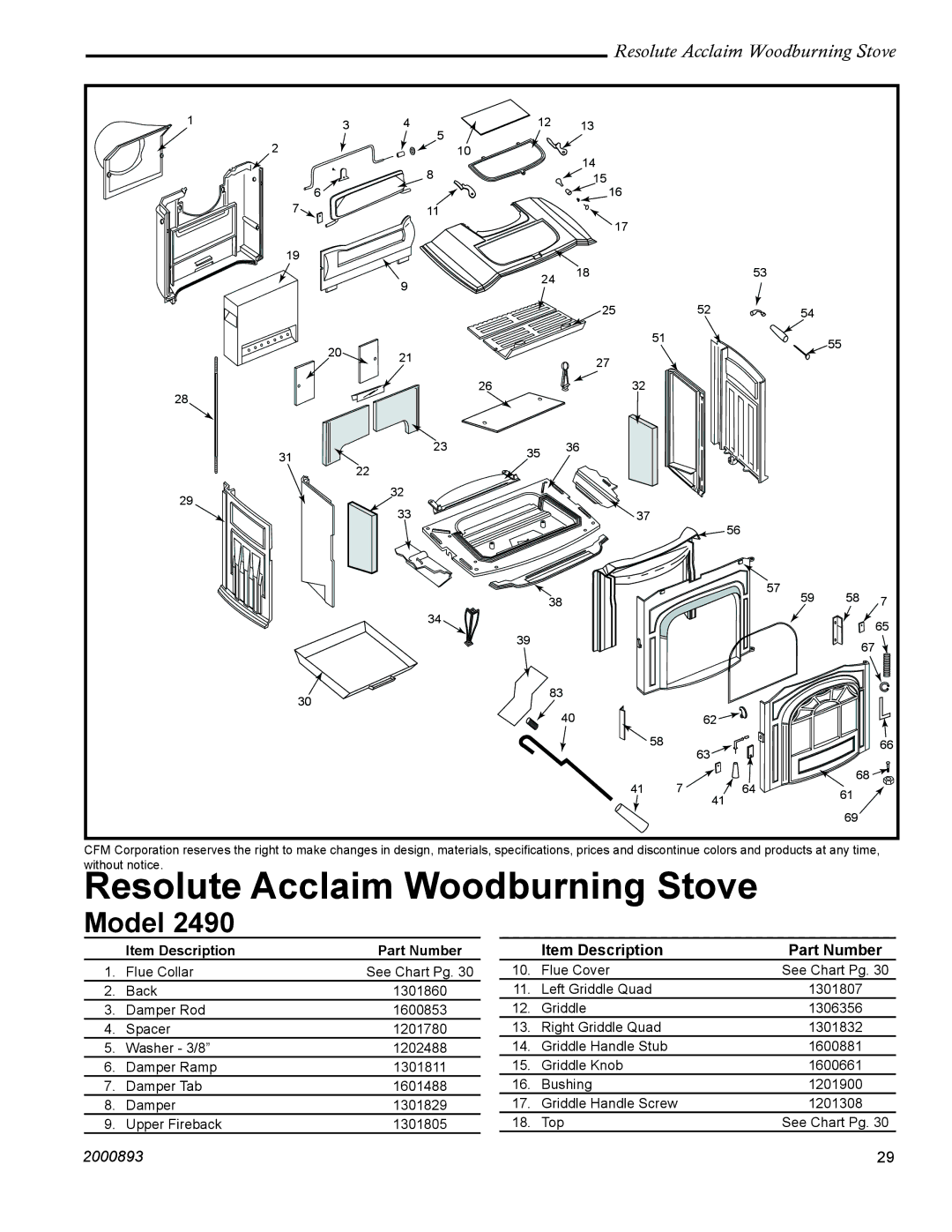 Vermont Casting 2490 installation instructions Resolute Acclaim Woodburning Stove, Item Description Part Number 