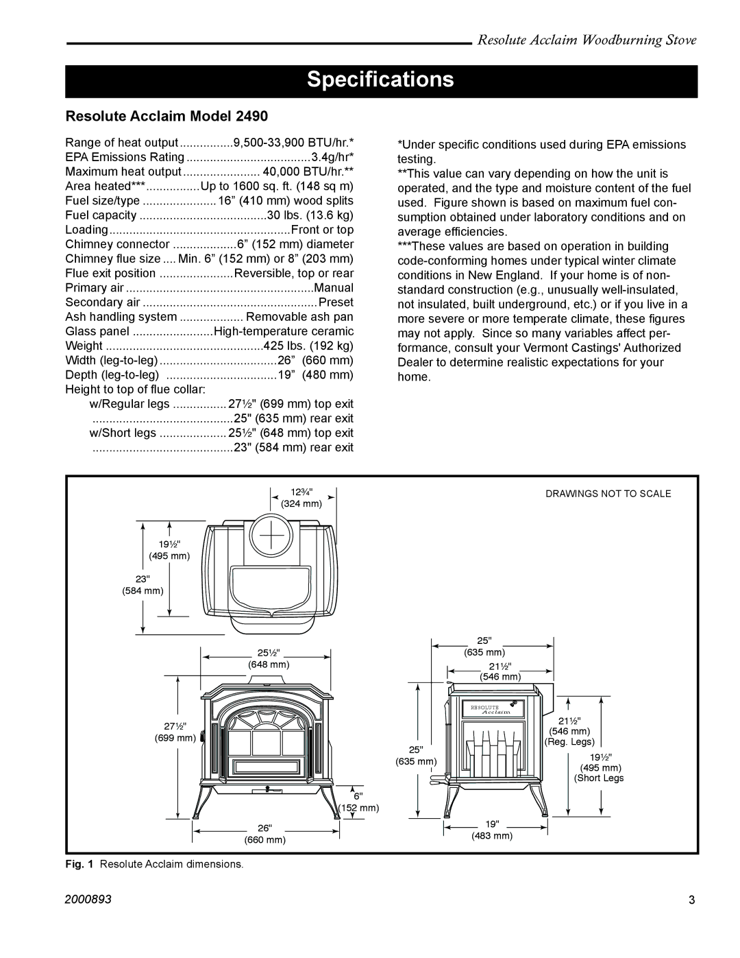 Vermont Casting 2490 installation instructions Speciﬁcations, Resolute Acclaim Model 