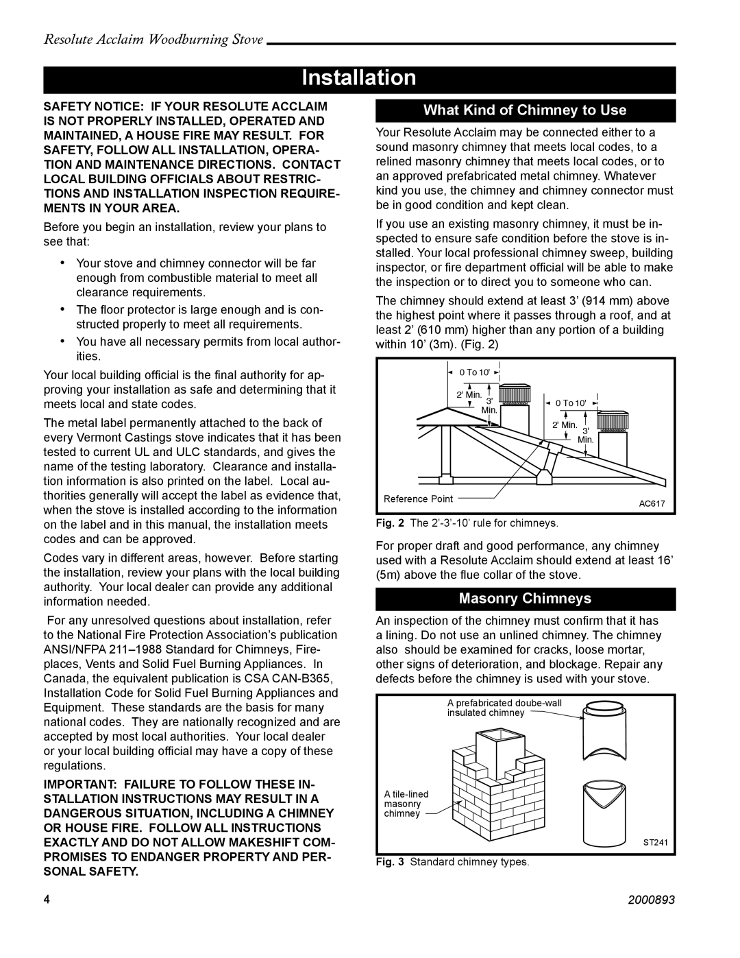 Vermont Casting 2490 installation instructions Installation, What Kind of Chimney to Use, Masonry Chimneys 