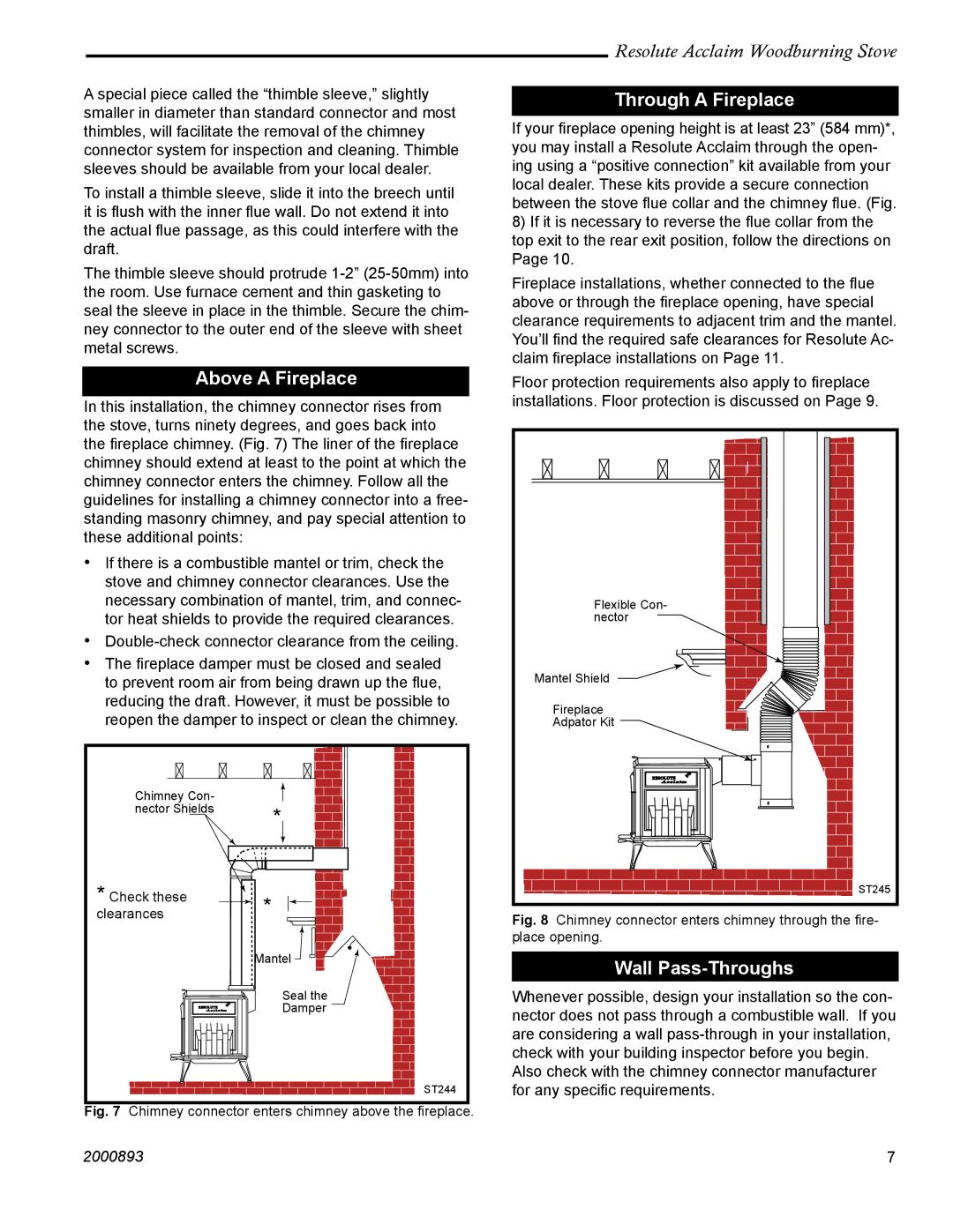 Vermont Casting 2490 installation instructions Above a Fireplace, Through a Fireplace, Wall Pass-Throughs 