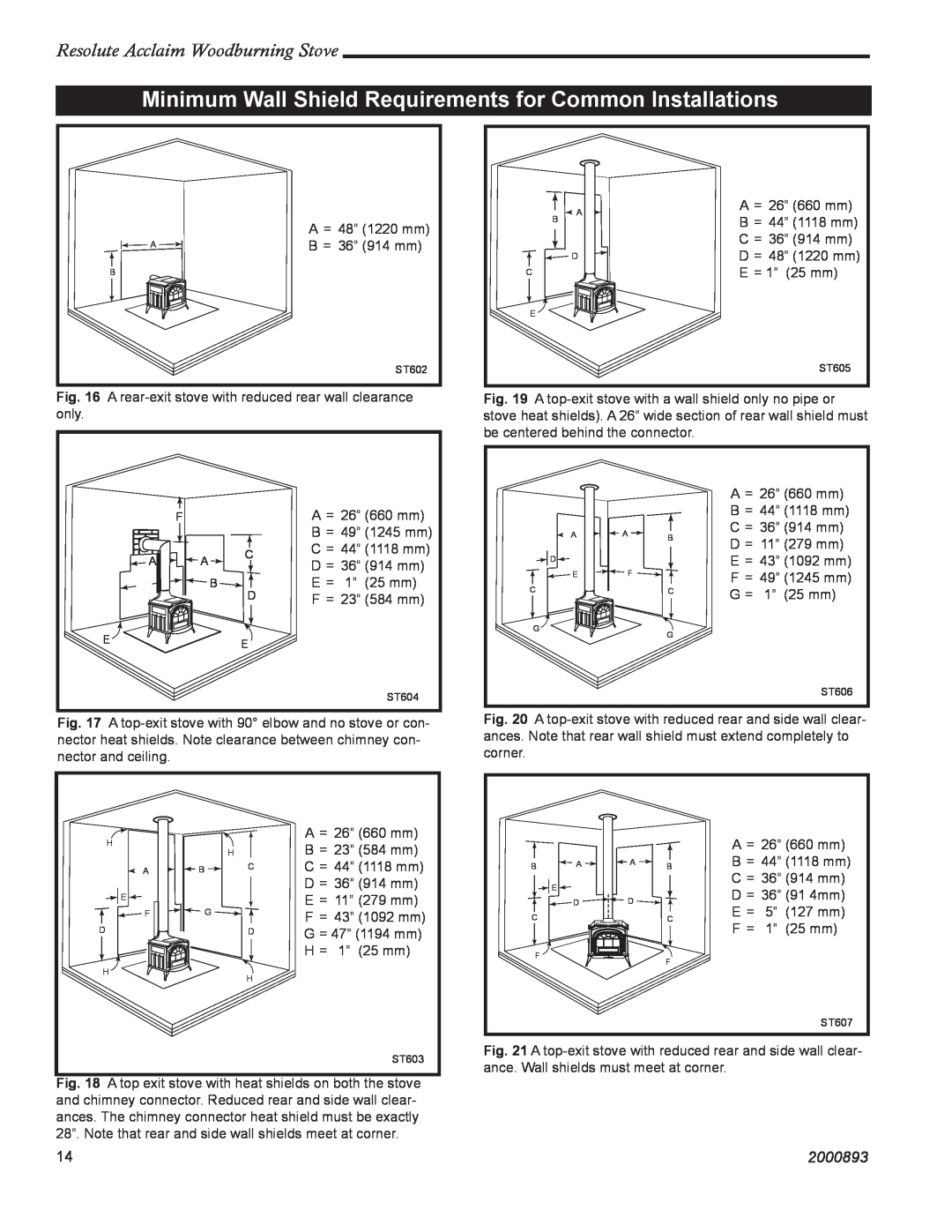 Vermont Casting 2490 installation instructions Resolute Acclaim Woodburning Stove, 2000893, A = 48” 1220 mm B = 36” 914 mm 