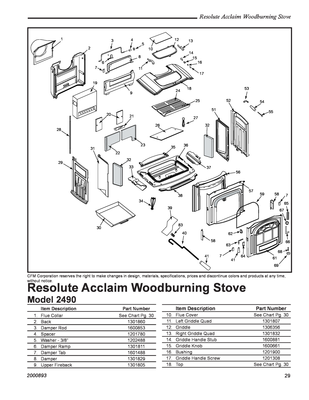 Vermont Casting 2490 Resolute Acclaim Woodburning Stove, Model, 2000893, Item Description, Part Number 