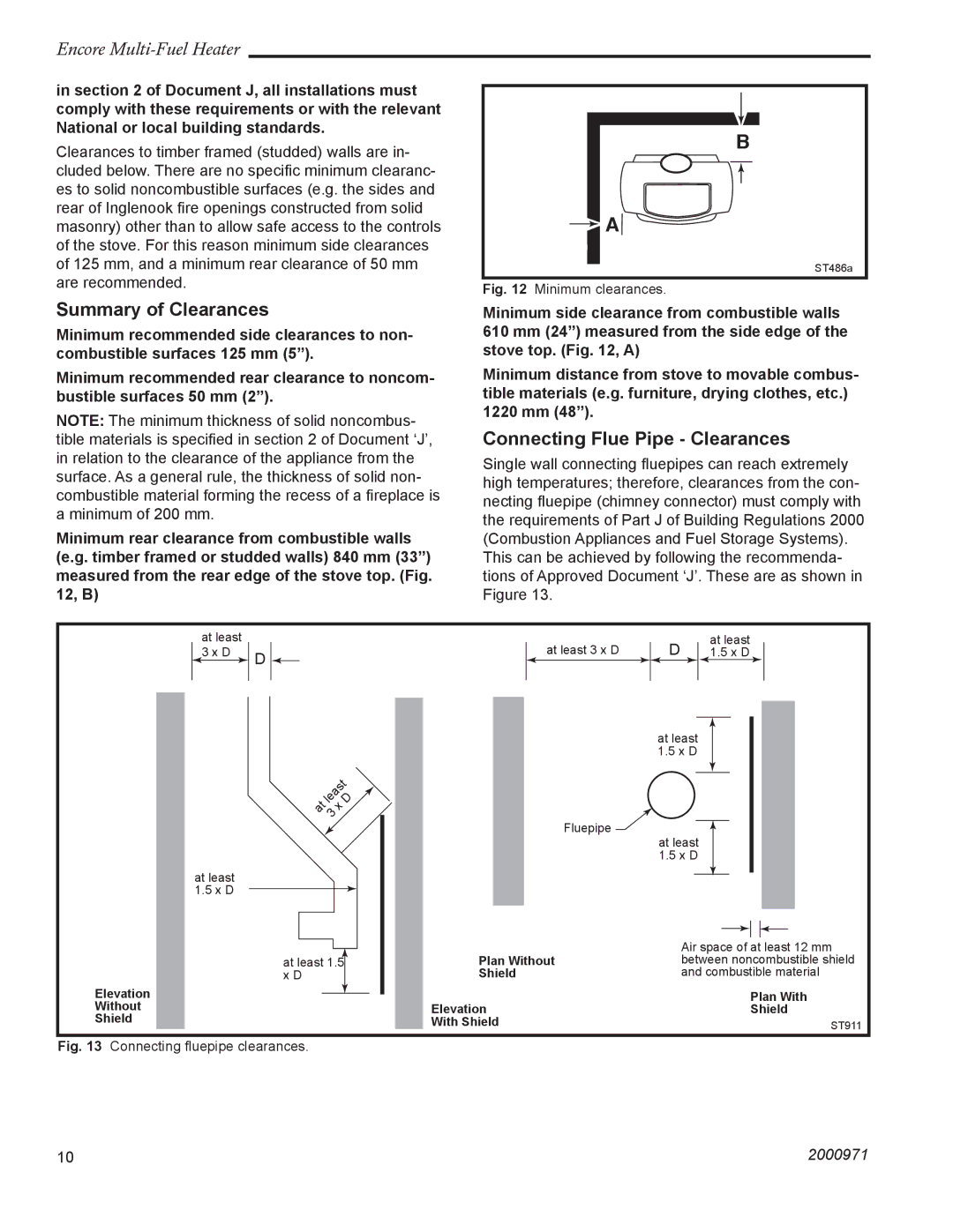 Vermont Casting 2547CE installation instructions Summary of Clearances 