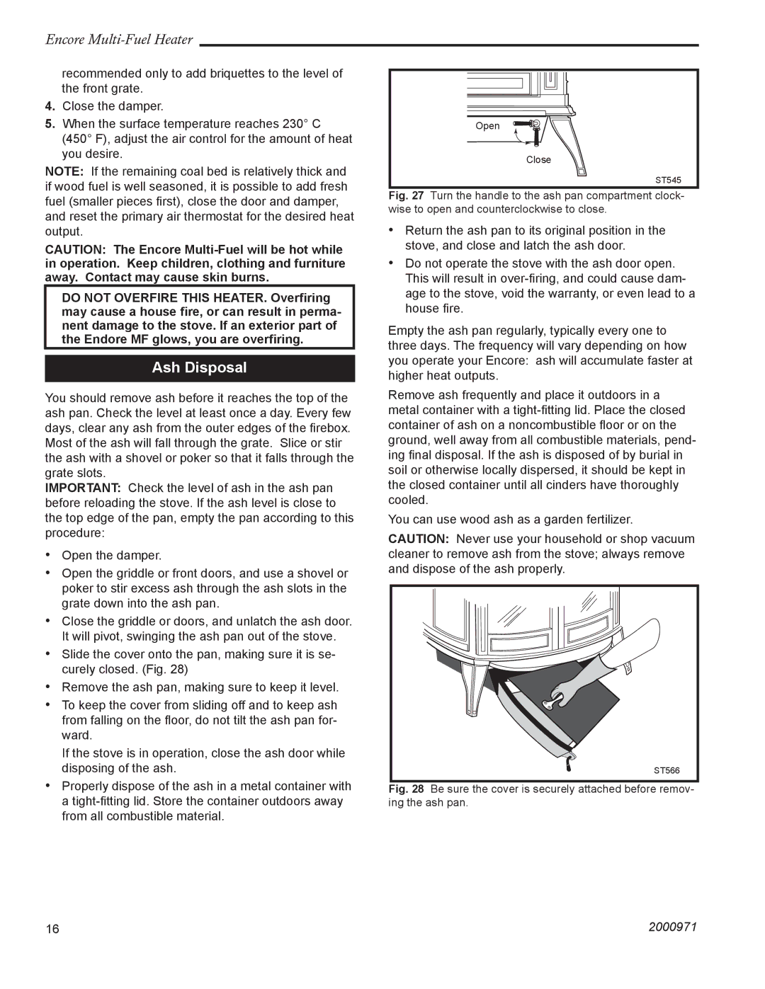 Vermont Casting 2547CE installation instructions Ash Disposal 