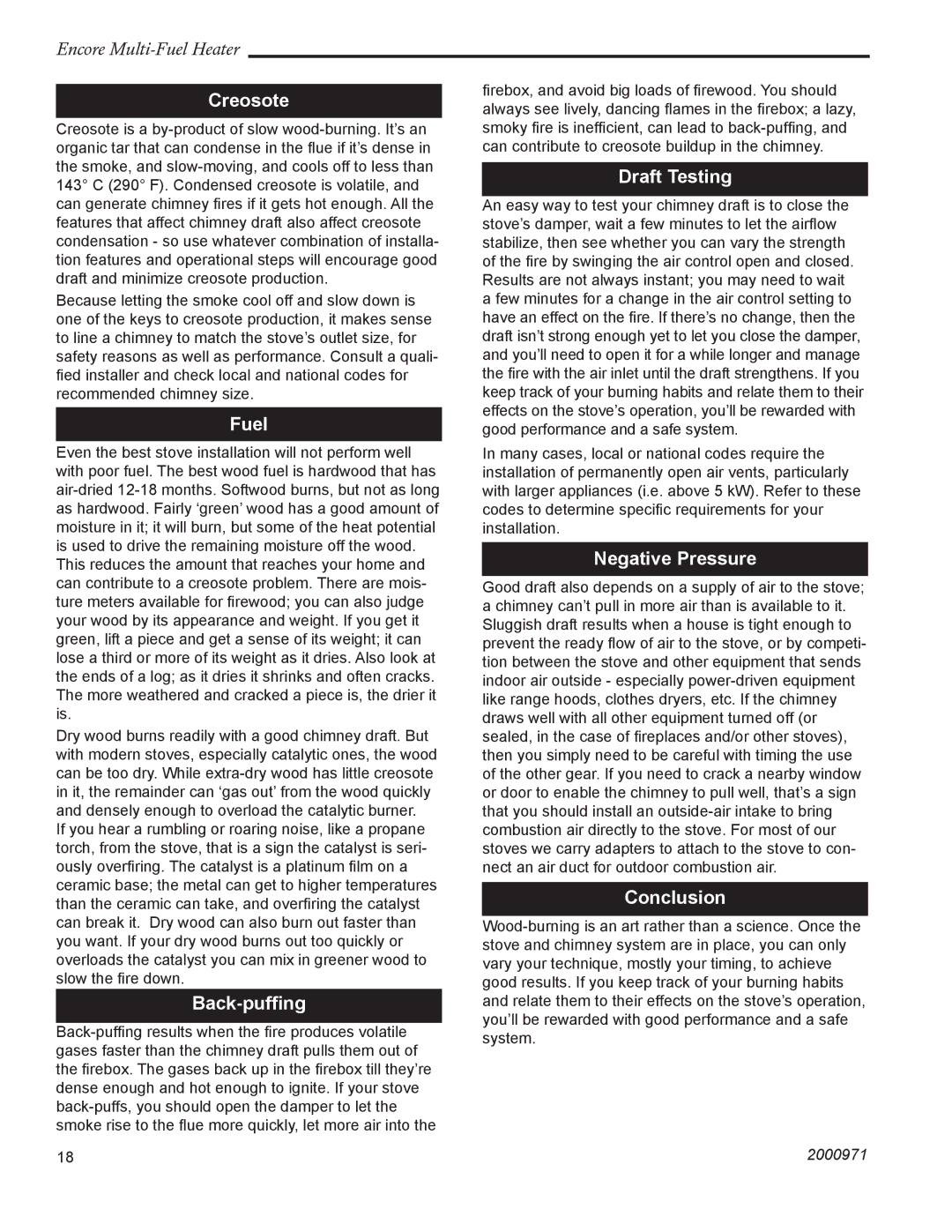 Vermont Casting 2547CE installation instructions Creosote, Fuel, Back-pufﬁng, Draft Testing, Negative Pressure, Conclusion 