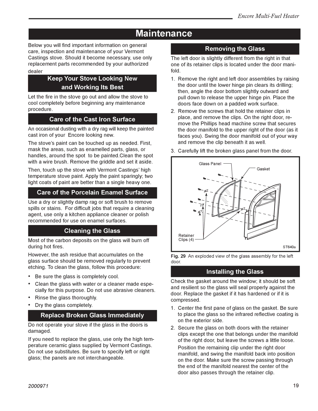 Vermont Casting 2547CE installation instructions Maintenance 