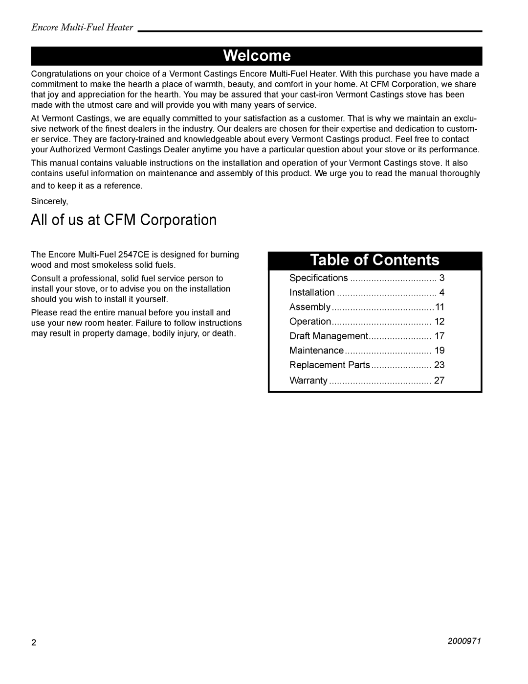 Vermont Casting 2547CE installation instructions Welcome, Table of Contents 