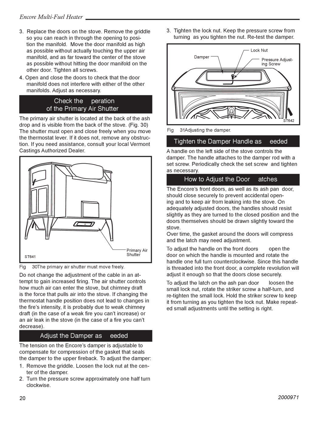 Vermont Casting 2547CE installation instructions Check the Operation Primary Air Shutter, Adjust the Damper as Needed 