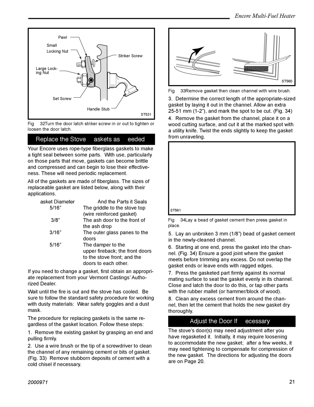 Vermont Casting 2547CE installation instructions Replace the Stove Gaskets as Needed, Adjust the Door If Necessary 