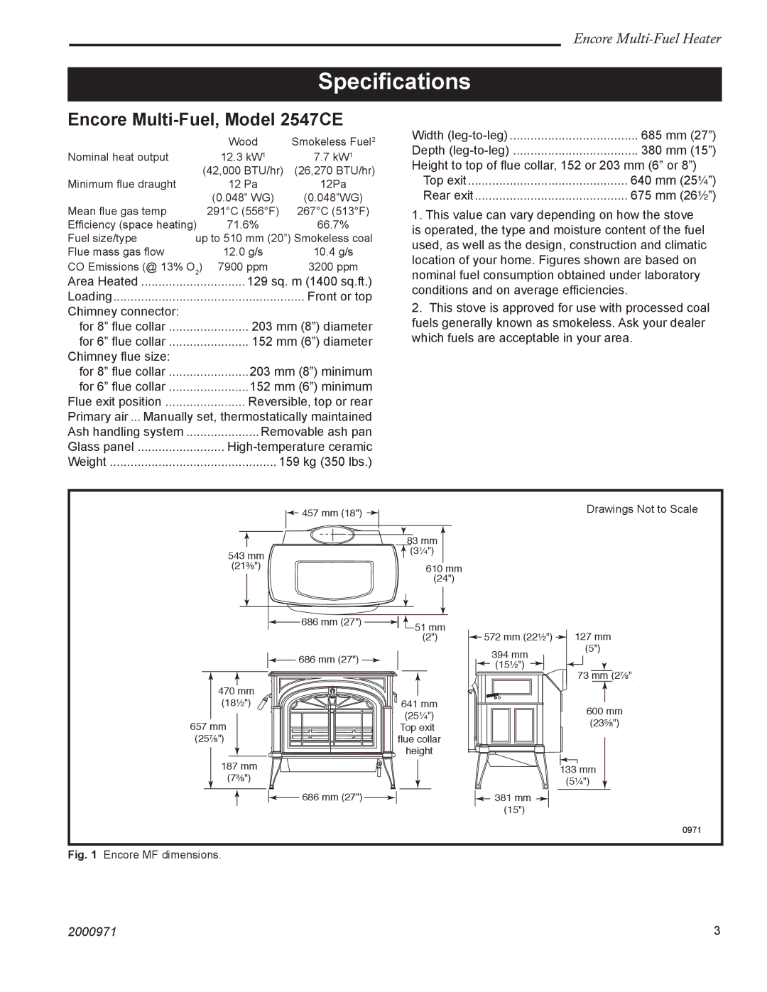 Vermont Casting installation instructions Speciﬁcations, Encore Multi-Fuel, Model 2547CE 