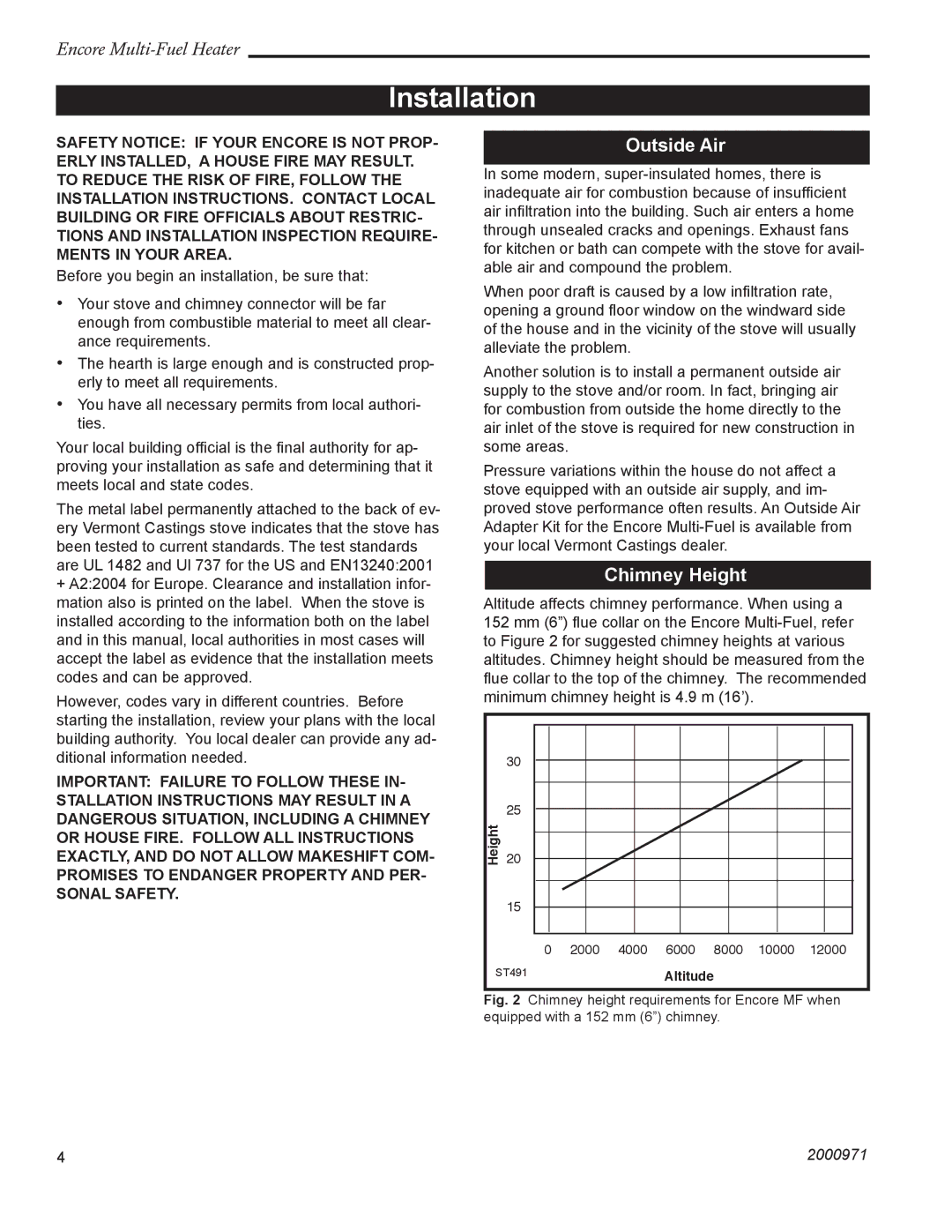 Vermont Casting 2547CE installation instructions Installation, Outside Air, Chimney Height 