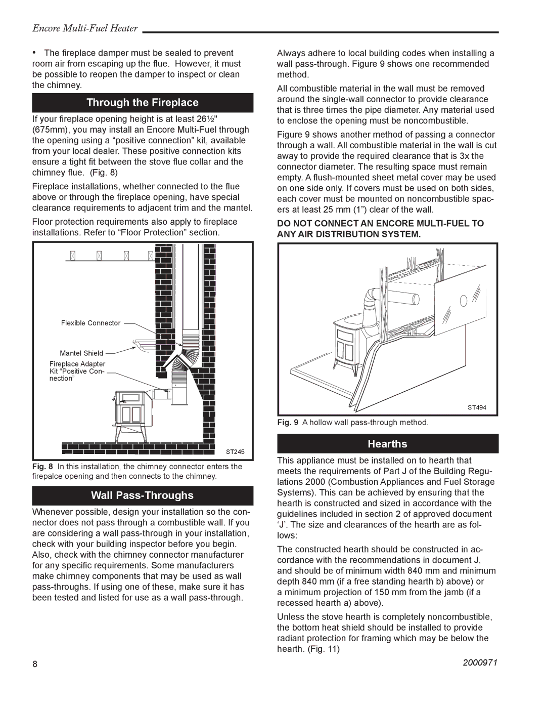 Vermont Casting 2547CE installation instructions Through the Fireplace, Wall Pass-Throughs, Hearths 