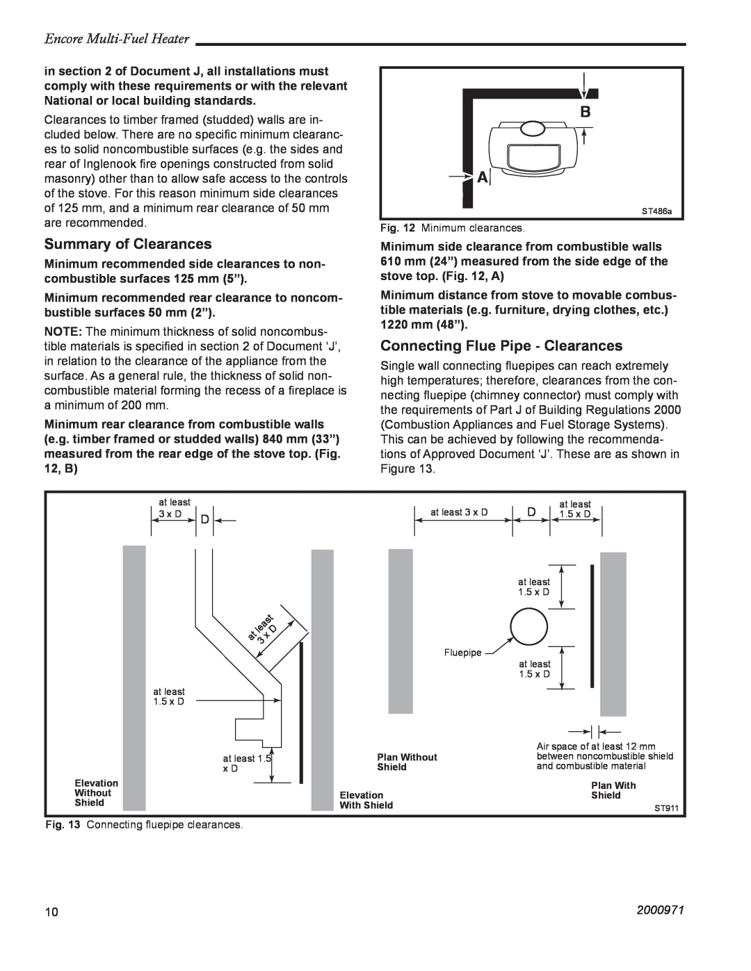 Vermont Casting 2547CE Summary of Clearances, Connecting Flue Pipe - Clearances, Encore Multi-FuelHeater, 2000971 