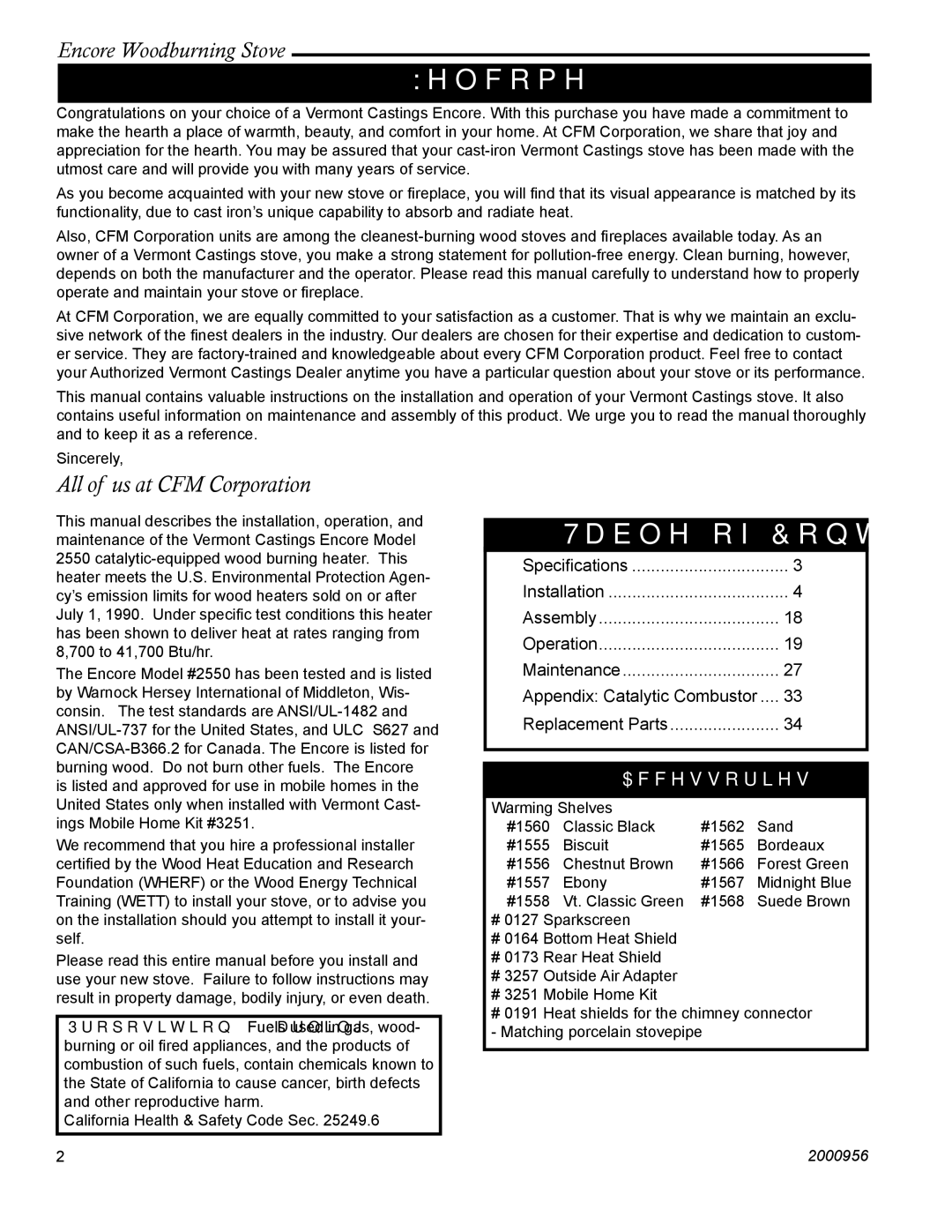 Vermont Casting 2550 installation instructions Welcome, Table of Contents 