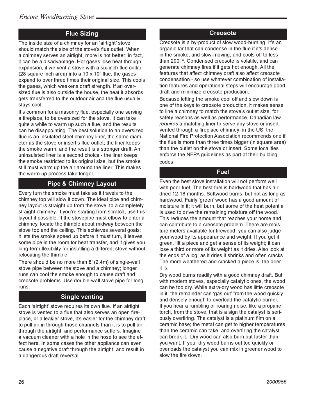 Vermont Casting 2550 installation instructions Flue Sizing, Pipe & Chimney Layout, Single venting, Creosote, Fuel 