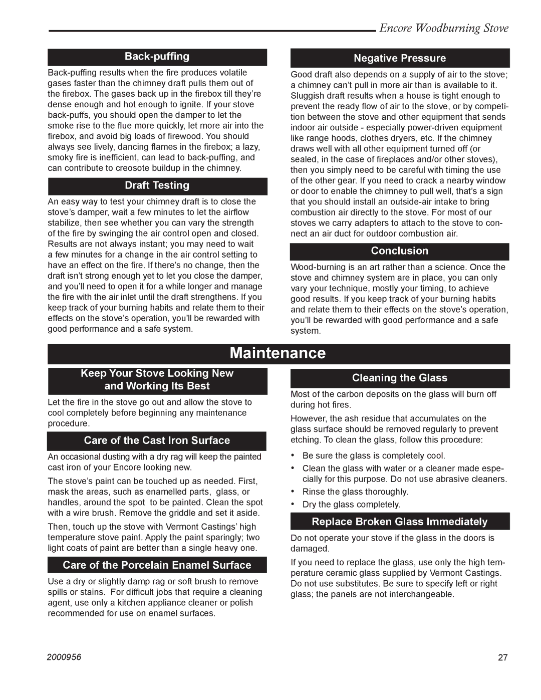 Vermont Casting 2550 installation instructions Maintenance 