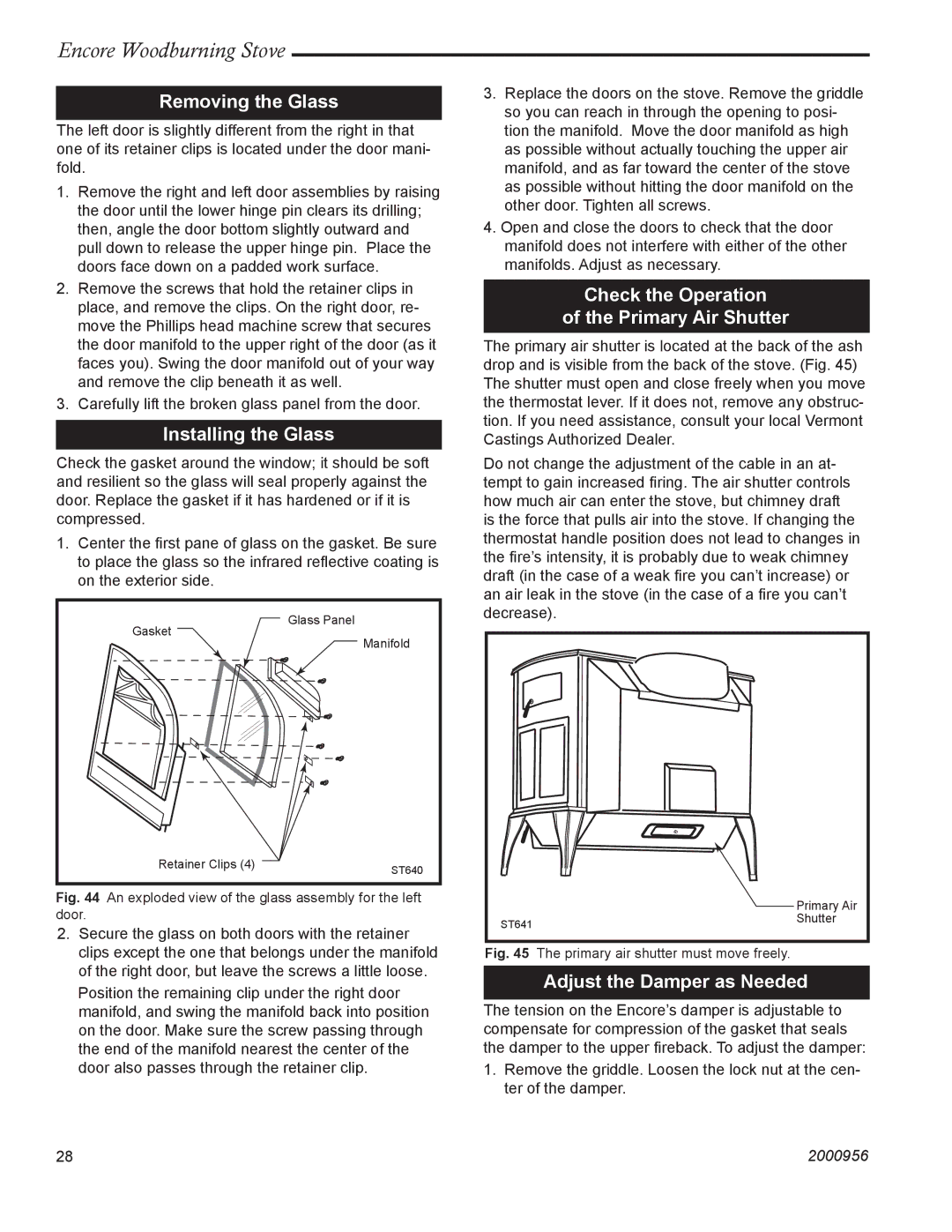 Vermont Casting 2550 Removing the Glass, Installing the Glass, Check the Operation Primary Air Shutter 