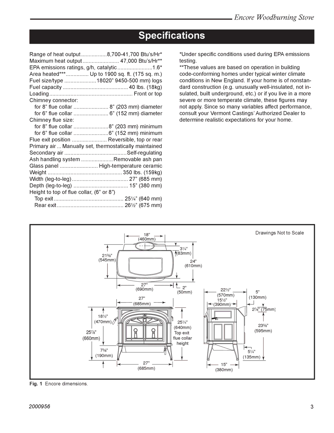 Vermont Casting 2550 installation instructions Speciﬁcations, Encore dimensions 