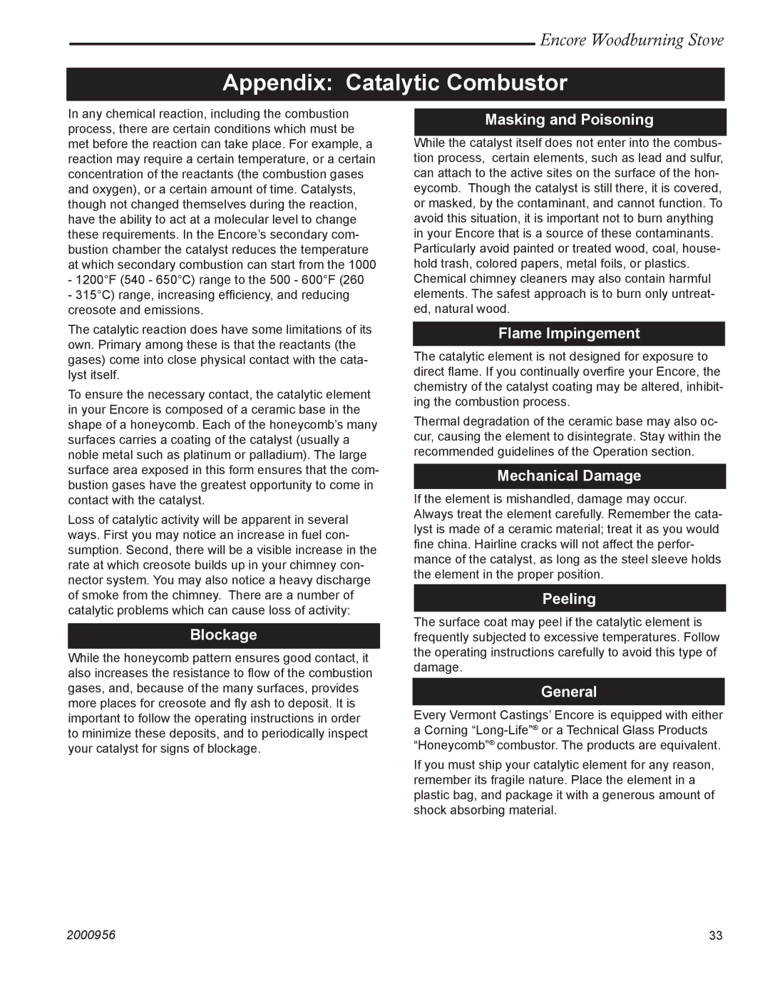 Vermont Casting 2550 installation instructions Appendix Catalytic Combustor 