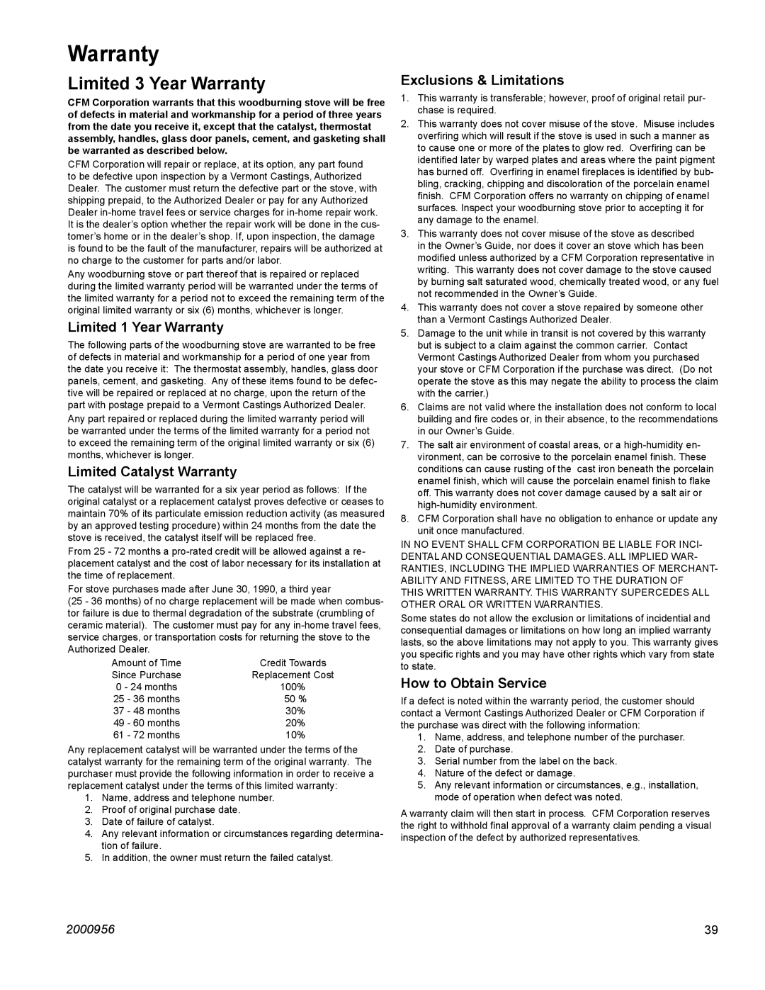 Vermont Casting 2550 installation instructions Warranty 