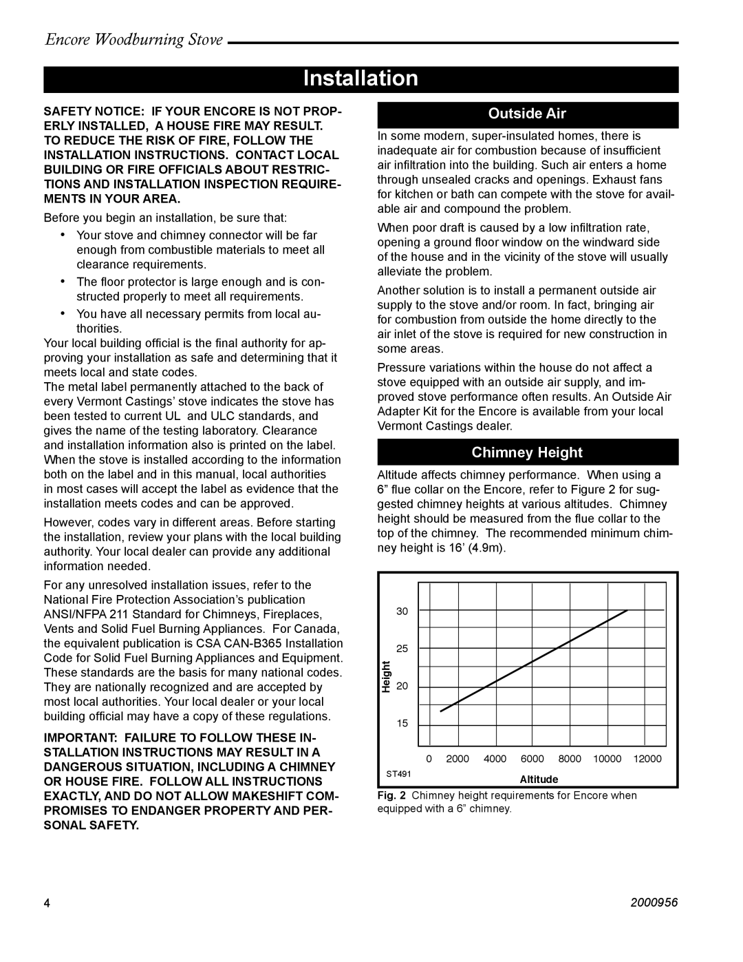 Vermont Casting 2550 installation instructions Installation, Outside Air, Chimney Height 