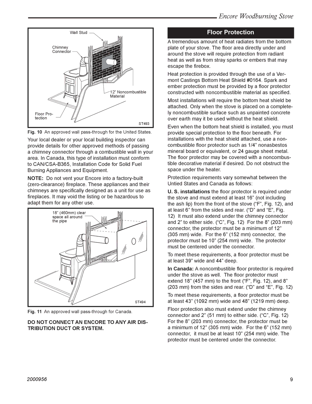 Vermont Casting 2550 installation instructions Floor Protection, An approved wall pass-through for the United States 