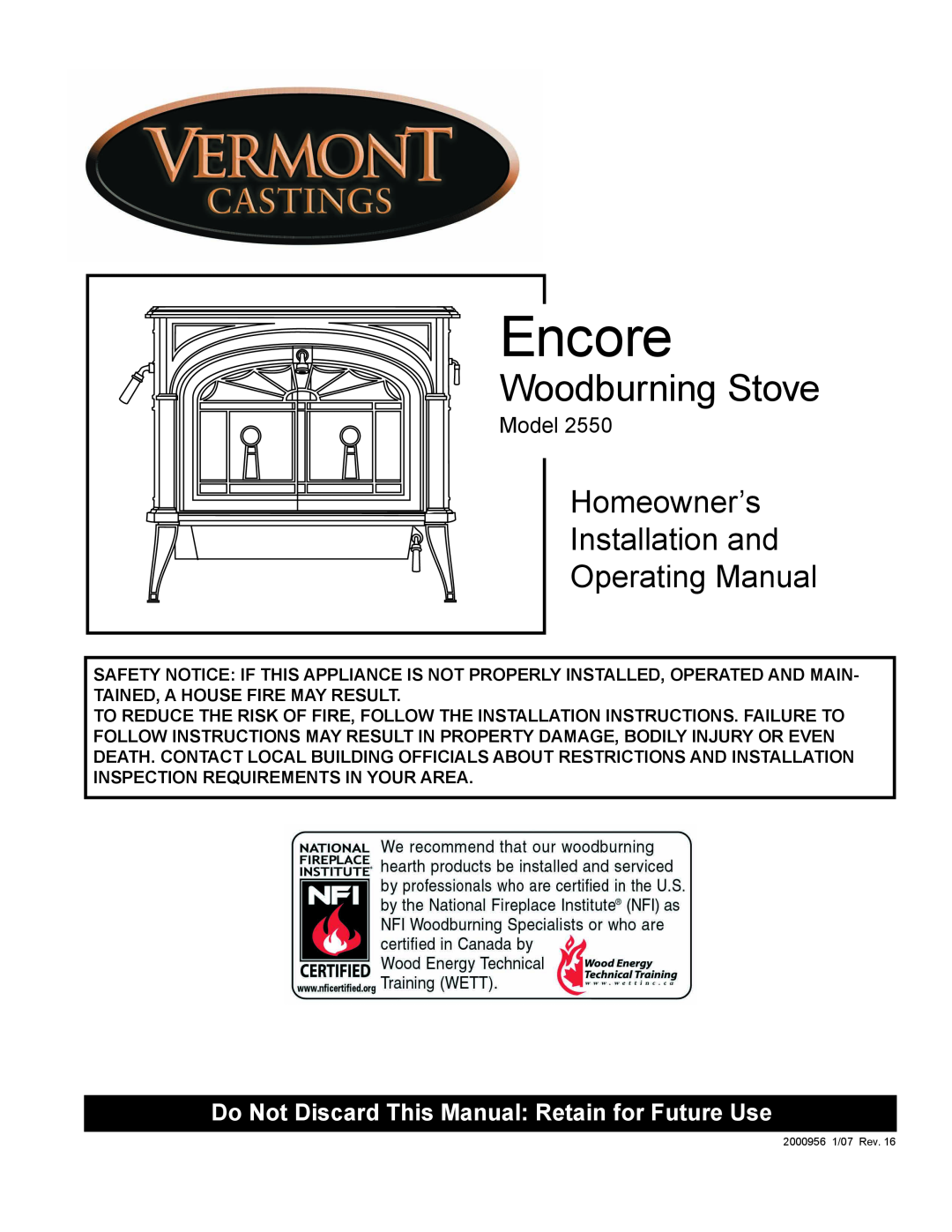 Vermont Casting 2550 installation instructions Encore, Woodburning Stove, Homeowner’s Installation and Operating Manual 