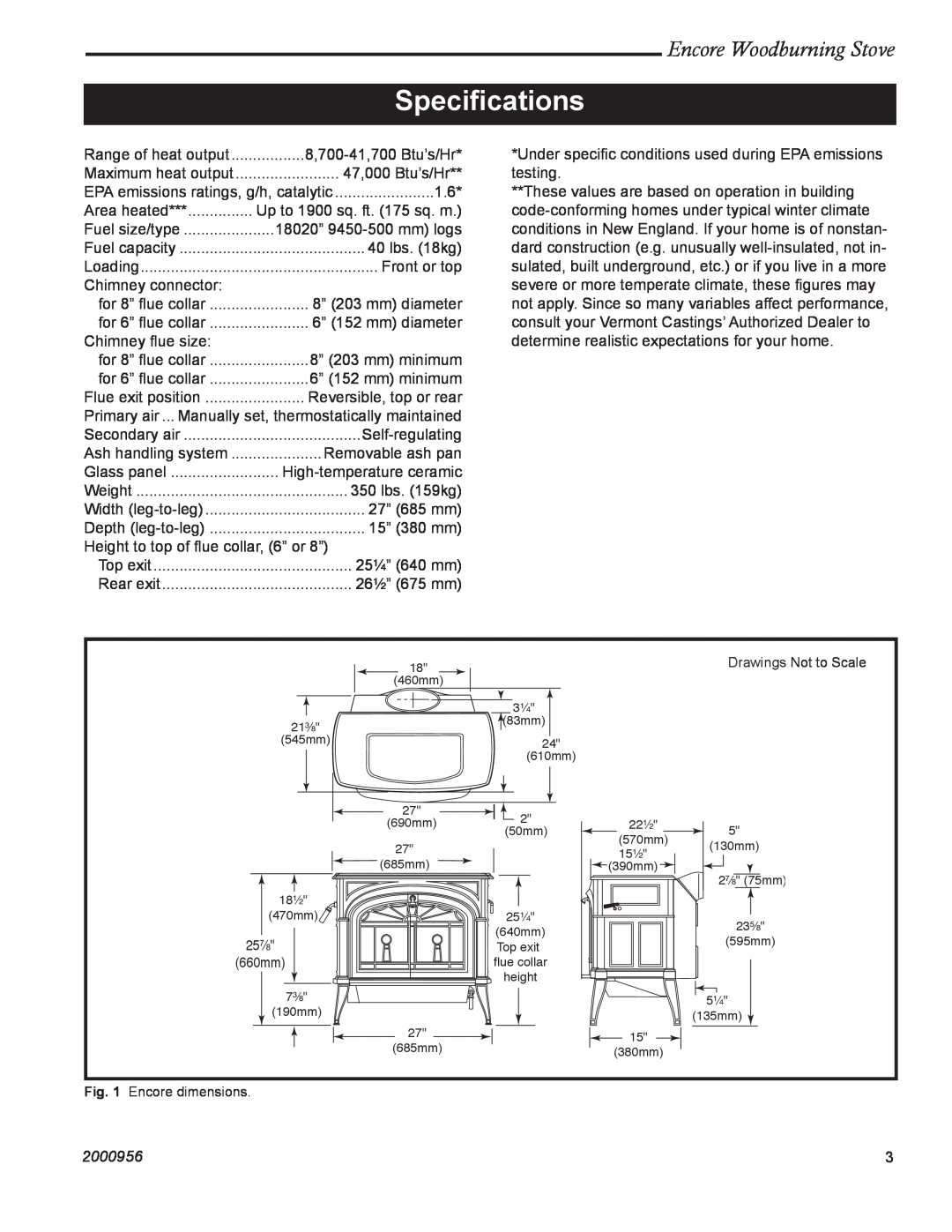 Vermont Casting 2550 installation instructions Speciﬁcations, Encore Woodburning Stove, 2000956 