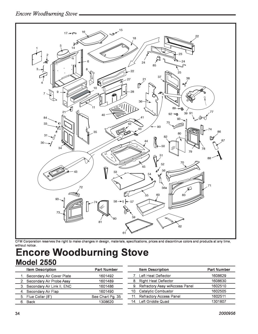 Vermont Casting 2550 installation instructions Model, Encore Woodburning Stove, 2000956 