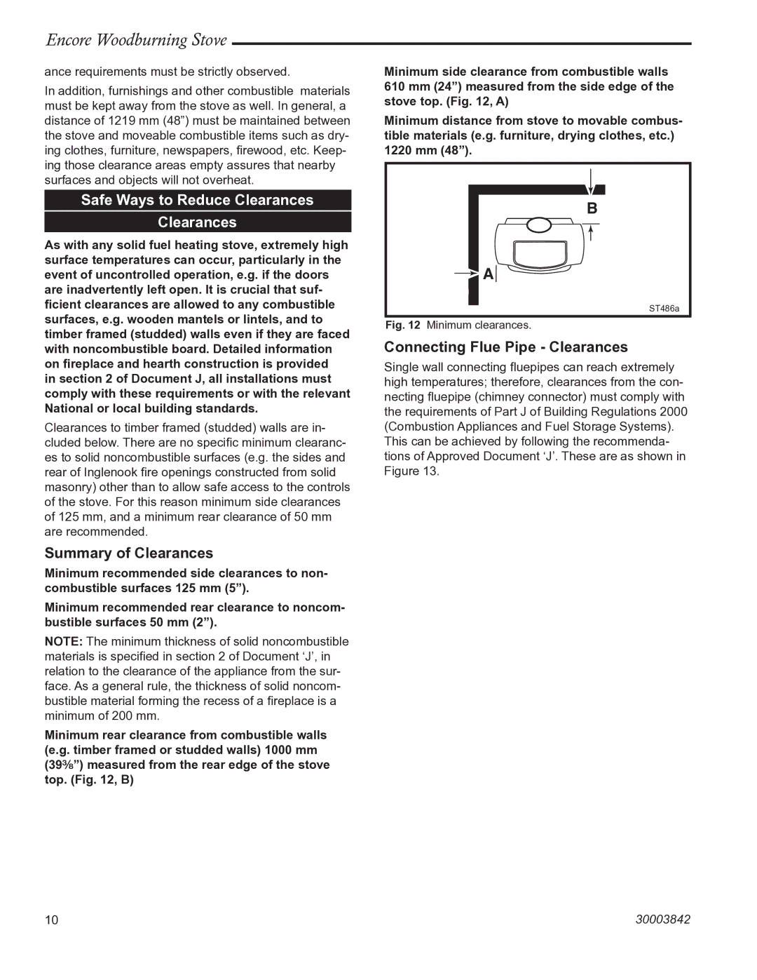 Vermont Casting 2550CE installation instructions Safe Ways to Reduce Clearances, Summary of Clearances 