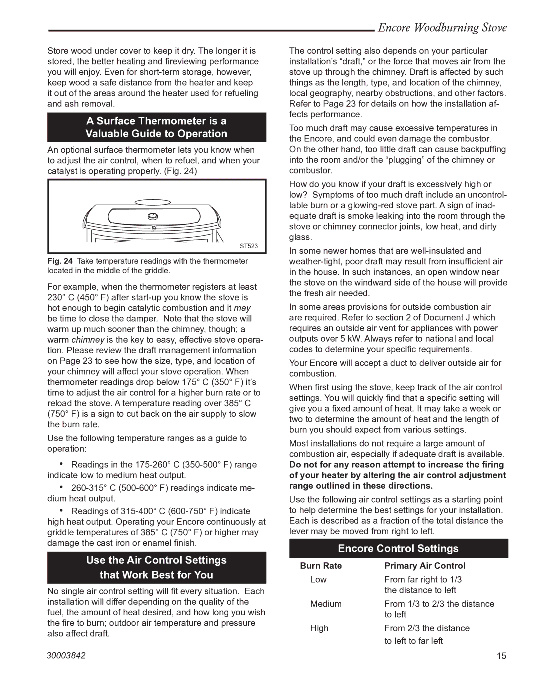 Vermont Casting 2550CE Surface Thermometer is a Valuable Guide to Operation, Encore Control Settings 