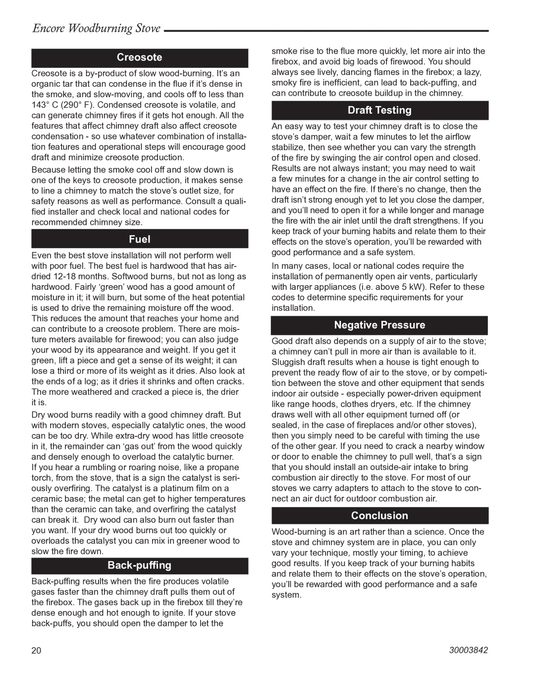 Vermont Casting 2550CE installation instructions Creosote, Fuel, Back-pufﬁng, Draft Testing, Negative Pressure, Conclusion 