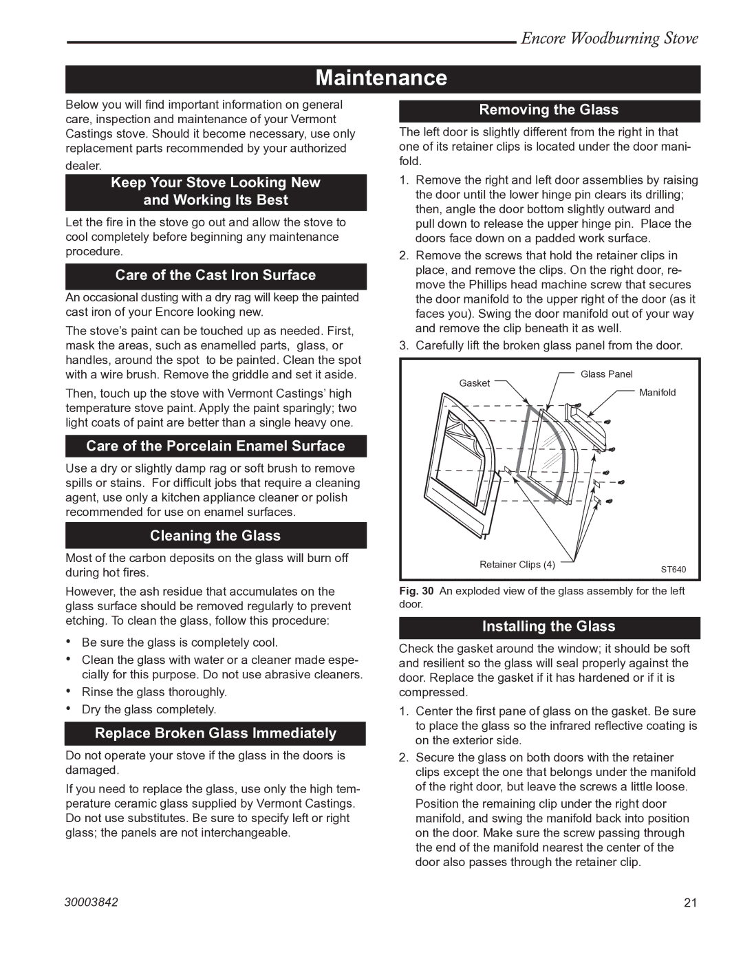 Vermont Casting 2550CE installation instructions Maintenance 