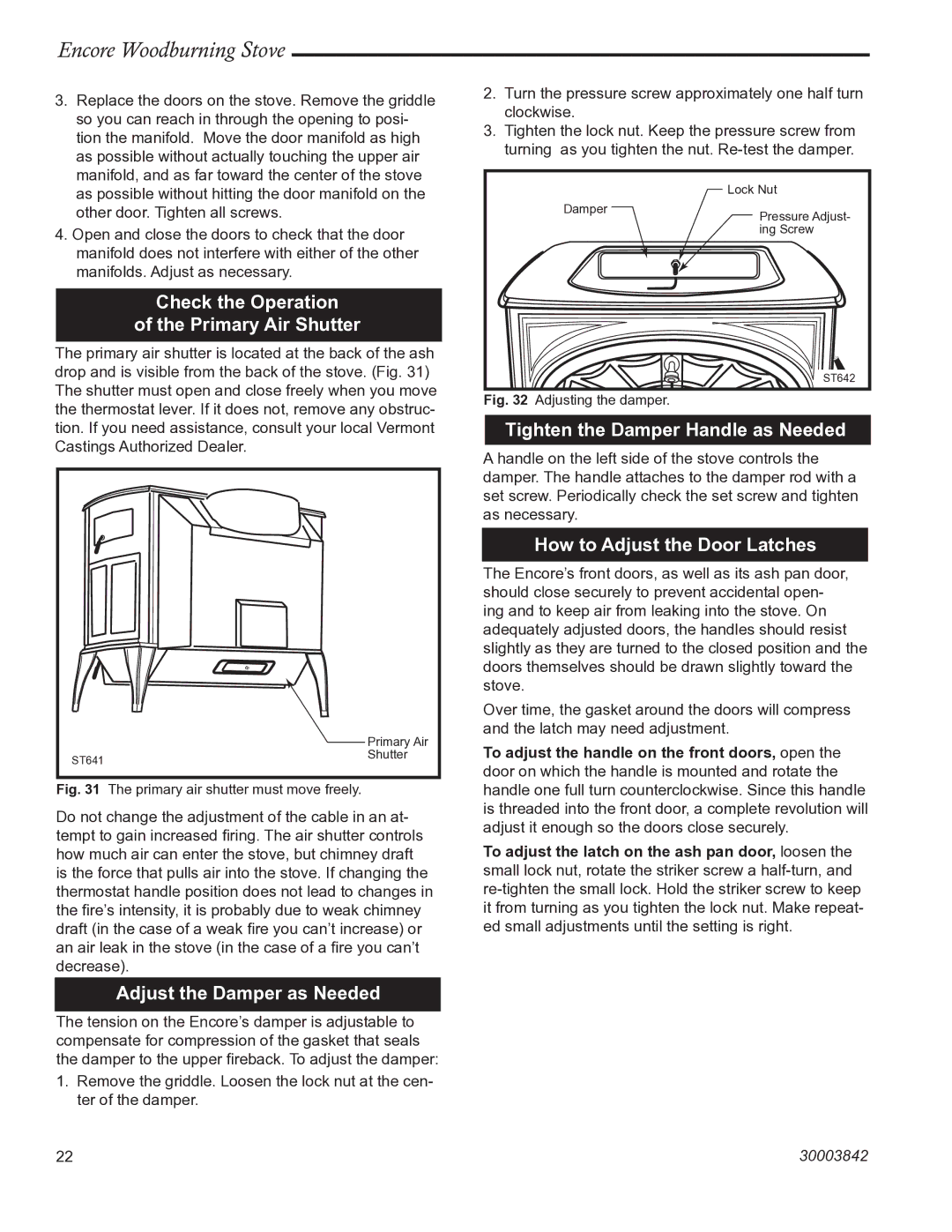 Vermont Casting 2550CE installation instructions Check the Operation Primary Air Shutter, Adjust the Damper as Needed 