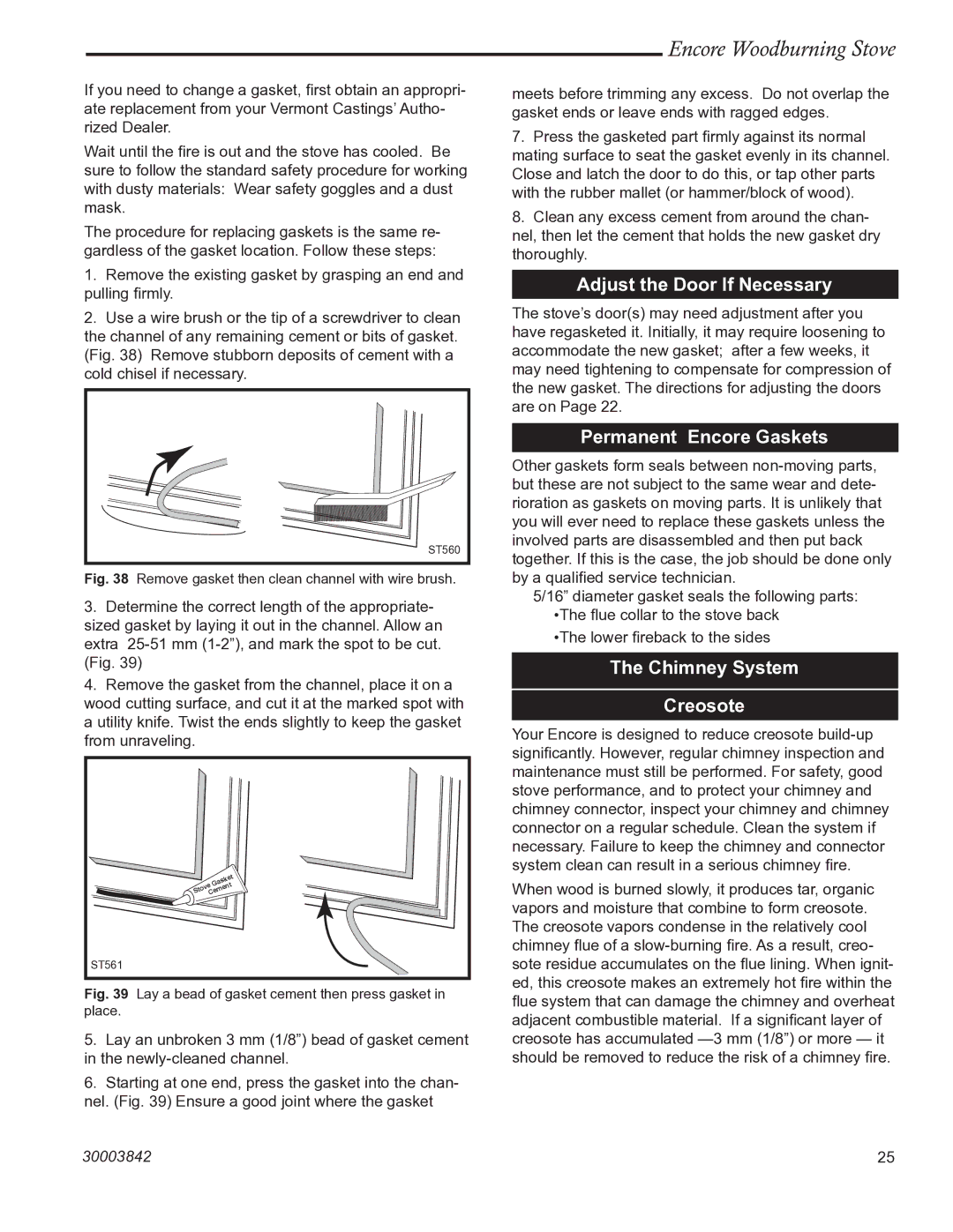 Vermont Casting 2550CE Adjust the Door If Necessary, Permanent Encore Gaskets, Chimney System Creosote 